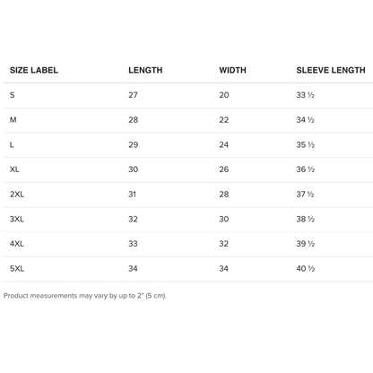 Size chart for wuanderful hoodies