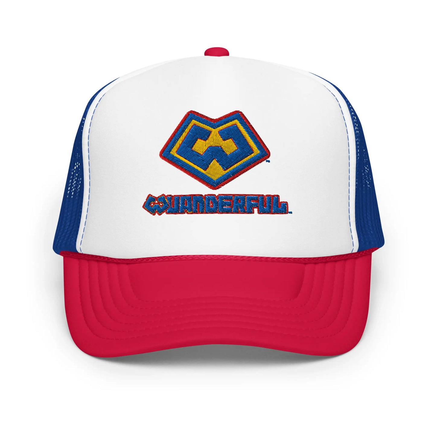 Wuanderful Locos logo on a limited edition red, royal blue and white trucker-style cap