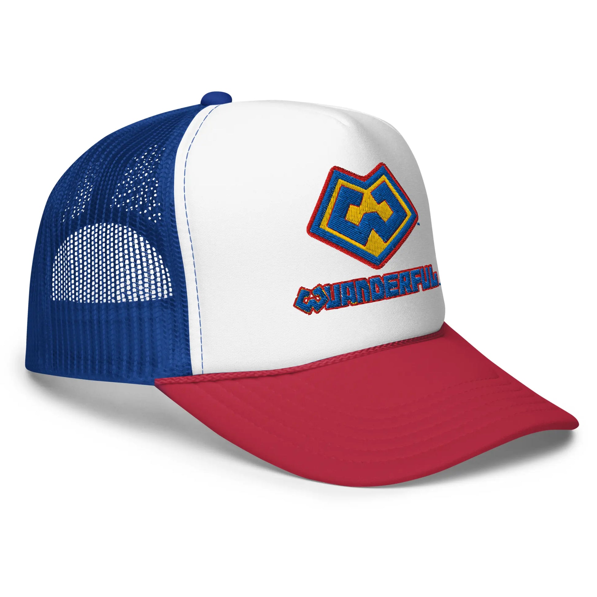 Wuanderful Locos logo on a limited edition white trucker-style cap from a side view